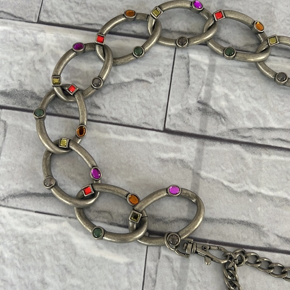 Multi colored rhinestones pewter chain belt - Picture 4 of 6